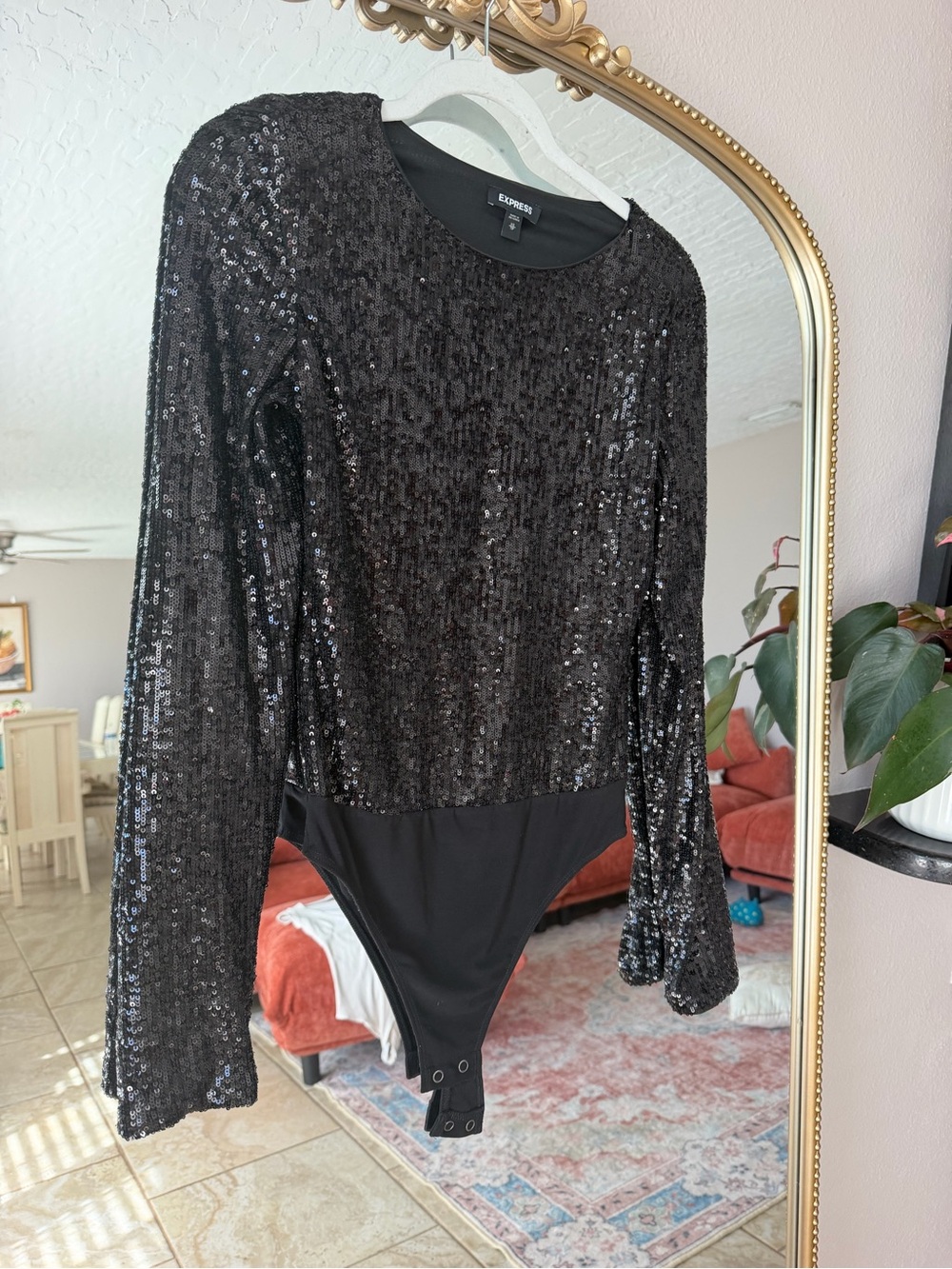 Express Black Sequin Long-Sleeve Bodysuit